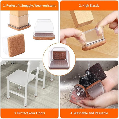 Ezprotekt 24 Pcs Clear Square Chair Leg Floor Protectors with Felt, Silicone Felt Furniture Pads for Hardwood Floor, Dining Table Leg Caps Covers No Scratches and Noise (L Fit: 1" - 1.4") | Furniture Pads - TrueDesk