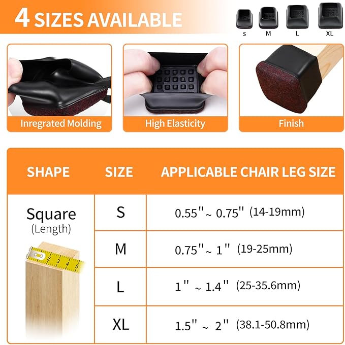 Ezprotekt 24 Pcs Extra Small Square Chair Leg Floor Protectors, Silicone Felt Furniture Pads, Dining Table Leg Caps Covers Protectors for Hardwood Floors No Scratches (S Fit: 0.55" - 0.75", Black) | Furniture Pads - TrueDesk
