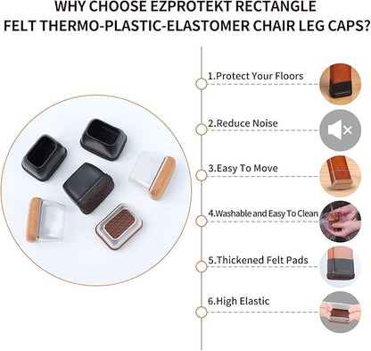 Ezprotekt 24 Pcs Rectangle Clear Silicone Chair Leg Floor Protectors Caps, Rectangle Felt Furniture Leg Pads Covers Cups for Chair Table - Anti - Scratches and No Noise (Fit L :1.3 - 1.7", W: 0.9 - 1.2") | Furniture Pads - TrueDesk