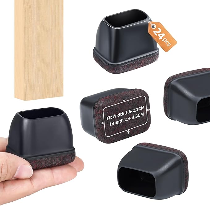 Ezprotekt 24 Pcs Rectangle Felt Chair Leg Floor Protectors for Hardwood Floors, Rectangle Silicone Furniture Pads Caps Covers for Chair Desk Table (Fit W :0.6 - 0.8", L: 0.9 - 1.3", Black) | Furniture Cups - TrueDesk