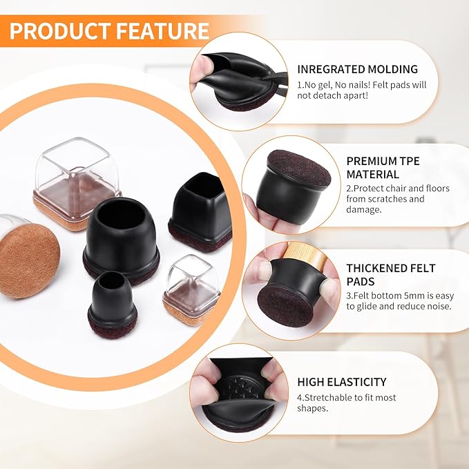 Ezprotekt 24 Pcs Round Silicone Chair Leg Floor Protectors with Felt, Floor Protectors for Chair, Felt Furniture Pads, Chair Leg Caps Cover, Bar Stool Leg Floor Protectors (L Fit: 1.1" - 1.3", Black) | Furniture Pads - TrueDesk