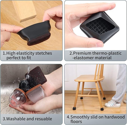 Ezprotekt 24 Pcs Square Chair Leg Floor Protectors for Hardwood Floors, Silicone Felt Furniture Pads, Table Chair Leg Cups Covers, Bar Stools Leg Protectors Caps (XL Fit: 1.5" - 2", Black) | Furniture Pads - TrueDesk