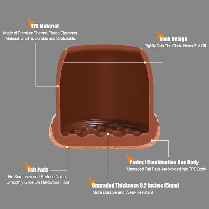 Ezprotekt 24 Pcs Square Chair Leg Floor Protectors with Felt, Silicone Felt Furniture Pads Cups for Hardwood Floor, Dining Table Leg Caps Covers No Scratches (L Fit: 1" to 1.4", Brown) | Furniture Pads - TrueDesk
