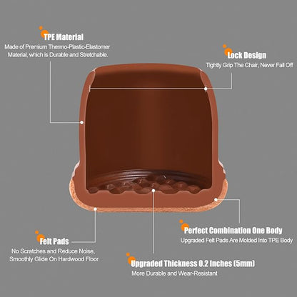 Ezprotekt 24 Pcs Square Chair Leg Floor Protectors with Felt, Silicone Felt Furniture Pads Cups for Hardwood Floor, Dining Table Leg Caps Covers No Scratches (L Fit: 1" to 1.4", Brown) | Furniture Pads - TrueDesk