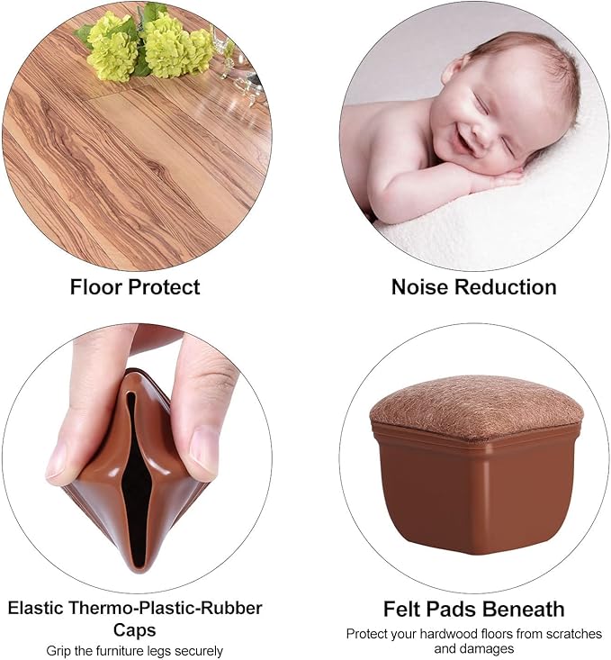 Ezprotekt 24 Pcs Square Chair Leg Floor Protectors with Felt, Silicone Felt Furniture Pads Cups for Hardwood Floor, Dining Table Leg Caps Covers No Scratches (L Fit: 1" to 1.4", Brown) | Furniture Pads - TrueDesk