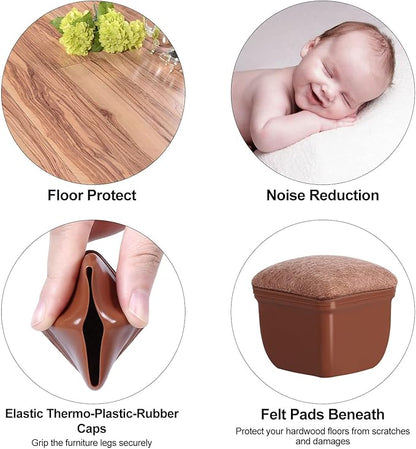 Ezprotekt 24 Pcs Square Chair Leg Floor Protectors with Felt, Silicone Felt Furniture Pads Cups for Hardwood Floor, Dining Table Leg Caps Covers No Scratches (L Fit: 1" to 1.4", Brown) | Furniture Pads - TrueDesk