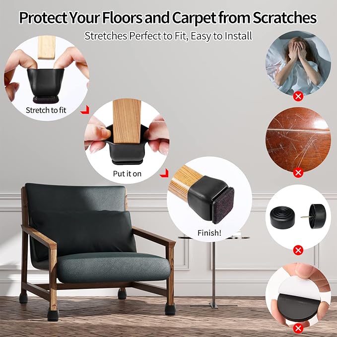 Ezprotekt 24 Pcs Square Silicone Chair Leg Floor Protectors, Felt Furniture Pads Covers for Table, Bar Stool Leg Floor Protectors Caps, Chair Socks Sliders for Wood Floors (Fit 0.8" - 1.1", Black) | Furniture Pads - TrueDesk
