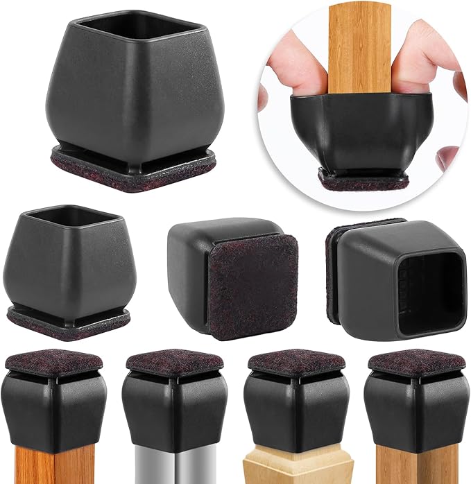 Ezprotekt 24 Pcs Square Silicone Chair Leg Floor Protectors for Wood Floors, Black Felt Furniture Pads Caps, Bar Stool Leg Floor Protectors Covers for Dining Table Chair (Fit 1.1" - 1.45") | Furniture Pads - TrueDesk