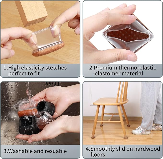 Ezprotekt 24 Pcs XL Square Clear Chair Leg Floor Protectors, Silicone Felt Furniture Pads Caps for Hardwood Floor, Dining Table Bar Stool Leg Protectors Leg Cups Covers (XL Fit: 1.5" - 2") | Furniture Cups - TrueDesk