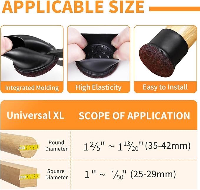 Ezprotekt 8 Pcs Extra Large Chair Leg Protectors with Felt, Silicone Felt Furniture Pads, Floor Protectors for Chair, Bar Stools Leg Protectors Caps, Table Leg Cups Covers (XL Fit: 1.4" - 1.65", Black) | Furniture Pads - TrueDesk