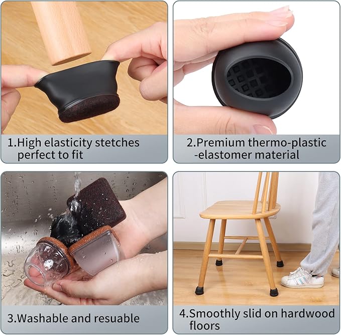 Ezprotekt 8 Pcs Extra Large Chair Leg Protectors with Felt, Silicone Felt Furniture Pads, Floor Protectors for Chair, Bar Stools Leg Protectors Caps, Table Leg Cups Covers (XL Fit: 1.4" - 1.65", Black) | Furniture Pads - TrueDesk