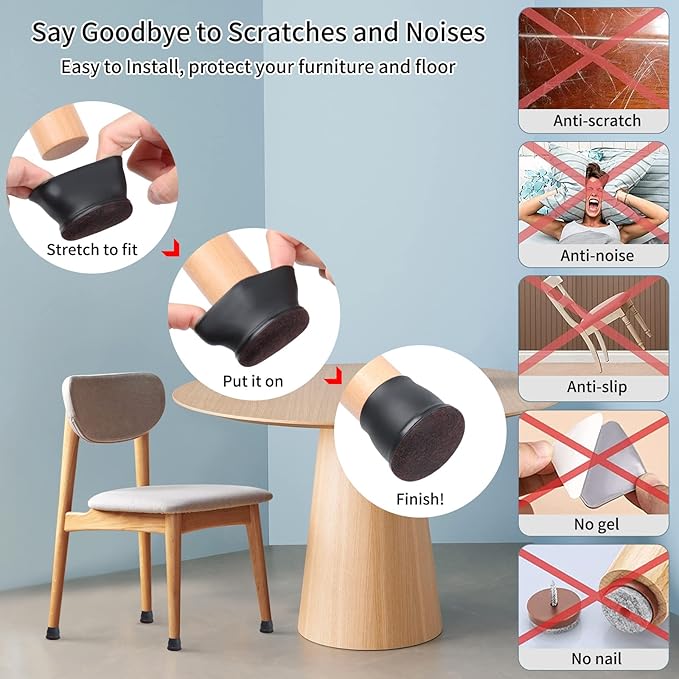 Ezprotekt 8 Pcs Extra Large Chair Leg Protectors with Felt, Silicone Felt Furniture Pads, Floor Protectors for Chair, Bar Stools Leg Protectors Caps, Table Leg Cups Covers (XL Fit: 1.4" - 1.65", Black) | Furniture Pads - TrueDesk