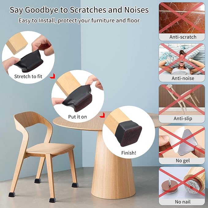 Ezprotekt 8 Pcs Extra Large Square Chair Leg Floor Protectors, Silicone Felt Furniture Pads for Hardwood Floor, Dining Table Bar Stool Leg Protectors Leg Cups Covers (XL Fit: 1.5" - 2", Black) | Furniture Pads - TrueDesk