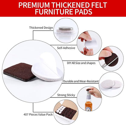 Ezprotekt Felt Furniture Pads, 407 Pcs Furniture Pads for Hardwoods Floors, Felt Pads for Chair Legs, Felt Pads for Furniture, Furniture Feet Floor Protectors for Chair Desk Table (Brown & Beige) | Furniture Pads - TrueDesk