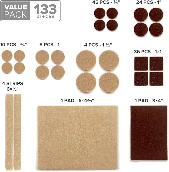 Felt Furniture Pads X - PROTECTOR 133 PCS Premium Furniture Pads - Felt Pads Furniture Feet Best Wood Floor Protectors - Protect Your Hardwood & Laminate Flooring! Brown and Beige | Furniture Pads - TrueDesk