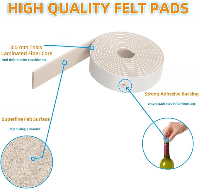 Felt Strips with Adhesive Backing – Furnigear Heavy Duty Cuttable Felt Tape Roll Furniture Pads for Chair Legs - Protecting Hardwood Floors, Chair Wall Protector (Beige, 40 x 2 x 0.14 Inch) | Furniture Pads - TrueDesk