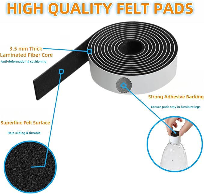 Felt Strips with Adhesive Backing – Furnigear Heavy Duty Cuttable Felt Tape Roll Furniture Pads for Chair Legs - Protecting Hardwood Floors, Chair Wall Protector (Black, 40 x 2 x 0.14 Inch) | Furniture Pads - TrueDesk