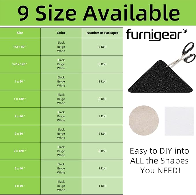 Felt Strips with Adhesive Backing – Furnigear Heavy Duty Cuttable Felt Tape Roll Furniture Pads for Chair Legs - Protecting Hardwood Floors, Chair Wall Protector (Black, 120 x 2 x 0.14 Inch) | Furniture Pads - TrueDesk