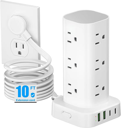 Flat Plug Power Strip Tower Surge Protector, 10FT Flat Extension Cord with Multiple Outlets, 12 AC Outlets, 4 USB Ports (2 USB C) Charging Station for Office Home Dorm Room Travel (White) | Power Strips - TrueDesk