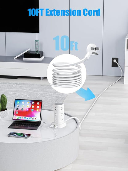 Flat Plug Power Strip Tower Surge Protector, 10FT Flat Extension Cord with Multiple Outlets, 12 AC Outlets, 4 USB Ports (2 USB C) Charging Station for Office Home Dorm Room Travel (White) | Power Strips - TrueDesk