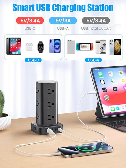 Flat Plug Power Strip Tower Surge Protector, 10FT Flat Extension Cord with Multiple Outlets, 12 AC Outlets, 4 USB Ports (2 USB C) Charging Station for Office Home Dorm Room Travel (Black) | Power Strips - TrueDesk