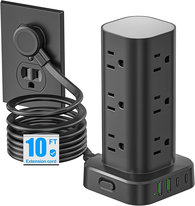 Flat Plug Power Strip Tower Surge Protector, 10FT Flat Extension Cord with Multiple Outlets, 12 AC Outlets, 4 USB Ports (2 USB C) Charging Station for Office Home Dorm Room Travel (Black) | Power Strips - TrueDesk