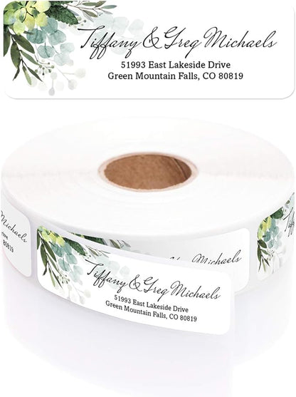 Floral Greenery Rolled Address Labels/Roll of 500 Personalized Address Labels/Designer Return Address Stickers in Elegant Plastic Dispenser | Address Labels - TrueDesk