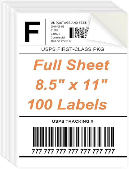Full Sheet Labels, 8.5" x 11" - 100 Sheets Full Page Labels Printable White Sticker Paper for Laser/Inkjet Printers - Matte, Letter Size | Laser Inkjet Printer Labels - TrueDesk