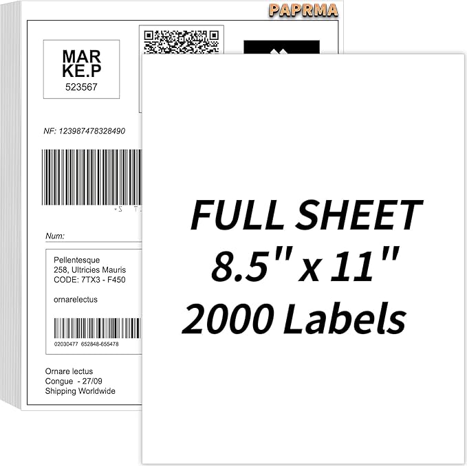 Full Sheet Labels 8.5” x 11” Sticker Paper Matte White, Large Shipping Label Paper for Inkjet Laser Printer, 2000 Counts | Laser Inkjet Printer Labels - TrueDesk