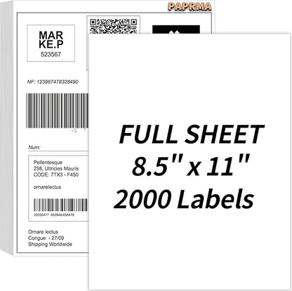Full Sheet Labels 8.5” x 11” Sticker Paper Matte White, Large Shipping Label Paper for Inkjet Laser Printer, 2000 Counts | Laser Inkjet Printer Labels - TrueDesk