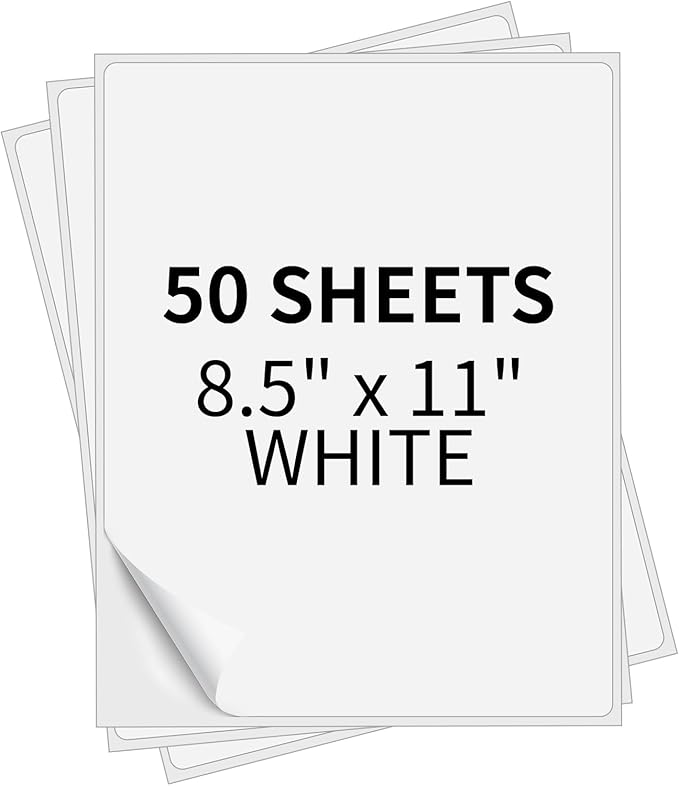 Full Sheet Labels 8.5” x 11” Sticker Paper Matte White, Large Shipping Label Paper for Inkjet Laser Printer, 50 Counts | Laser Inkjet Printer Labels - TrueDesk
