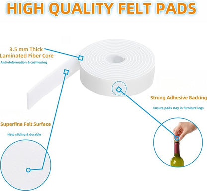 Furnigear Felt Furniture Pads - Heavy Duty Cuttable Strips with Adhesive Backing, Self - Adhesive Felt Strips, Pad, Tape Roll for Chair Legs, Hard Floor and Wall Protection (White, 40 x 5 x 0.14 Inch) | Furniture Pads - TrueDesk