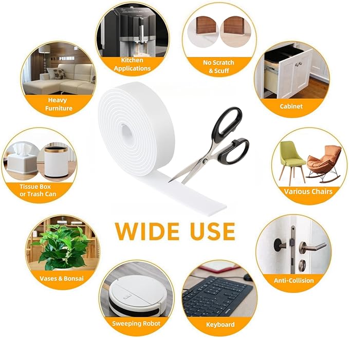 Furnigear Felt Strips with Adhesive Backing Heavy Duty Cuttable Felt Tape Roll Furniture Pads for Chair Legs - Protecting Hardwood Floors, Chair Wall Protector (White, 120 x 0.5 x 0.14 Inch) | Furniture Pads - TrueDesk