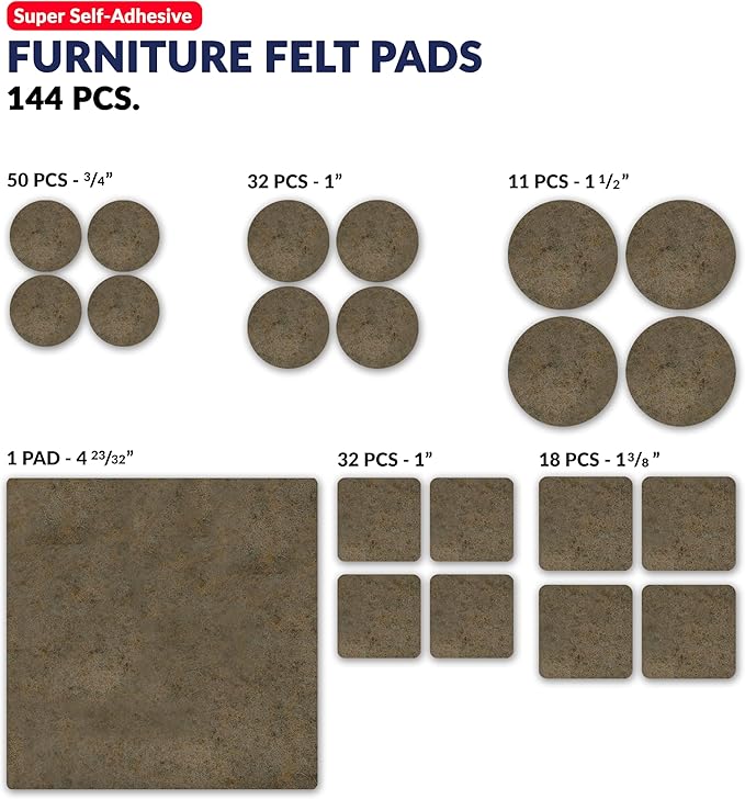 Furniture Felt Pads Brown 144 Pcs Strong Self Adhesive Protectors for Hardwood Floors Laminate Flooring Furniture Feet Chair Legs Table Cabinet Couch Non Scratch Peel Stick Felt Pad Set for All Floors | Furniture Pads - TrueDesk