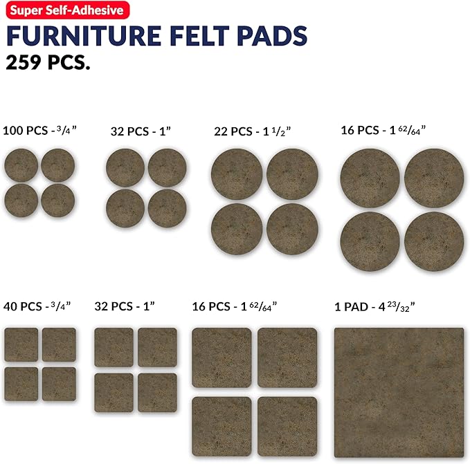 Furniture Felt Pads Brown 259 Pcs Strong Self Adhesive Protectors for Hardwood Floors Laminate Flooring Furniture Feet Chair Legs Table Cabinet Couch Non Scratch Peel Stick Felt Pad Set for All Floors | Furniture Pads - TrueDesk