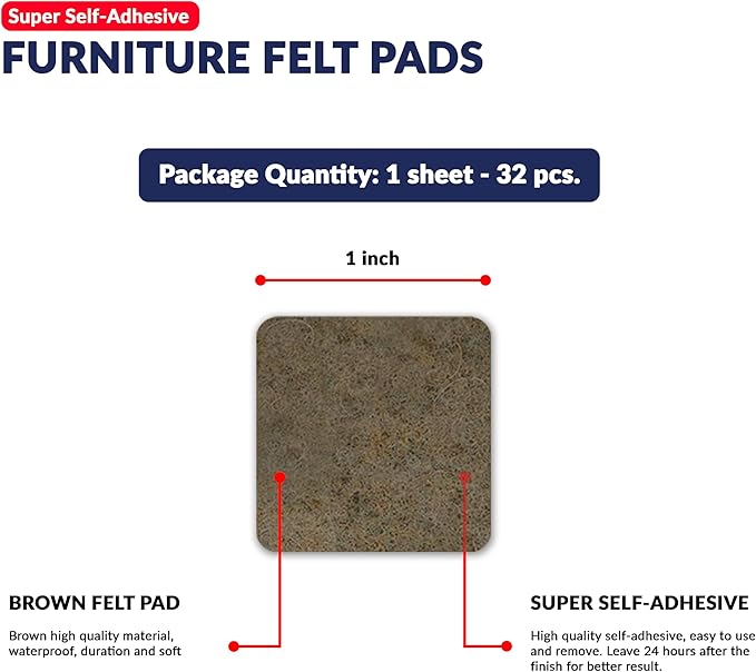 Furniture Felt Pads Brown 32 Pcs 1 inch Square Strong Self Adhesive Protectors for Hardwood Floors Laminate Flooring Furniture Feet Chair Legs Table Cabinet Couch Non Scratch Peel Stick Pad Set | Furniture Pads - TrueDesk