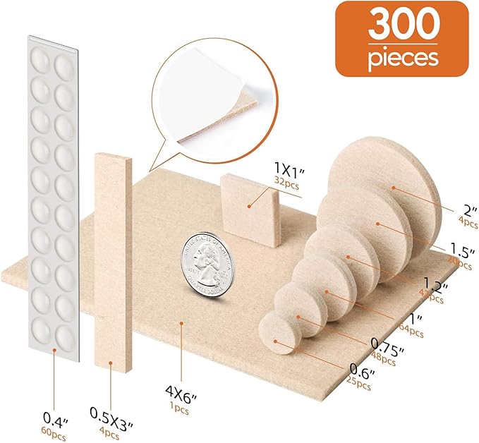 Furniture Pads 300 Pack Premium Furniture Felt Pads (Beige), Huge Quantity Self Adhesive Anti Scratch Floor Protector for Furniture Legs Hardwood with 60 Cabinet Door Bumpers | Furniture Pads - TrueDesk