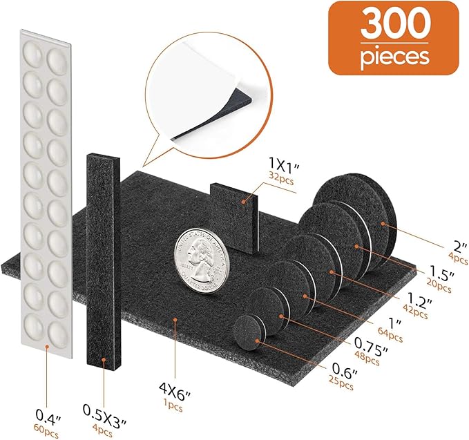 Furniture Pads 300 Pieces Felt Furniture Pads Premium Huge Pack, BAIPOK Self Adhesive Anti Scratch Floor Protectors for Desk Chair Legs and 60 Rubber Bumpers for Hardwood Tile Floor | Furniture Pads - TrueDesk