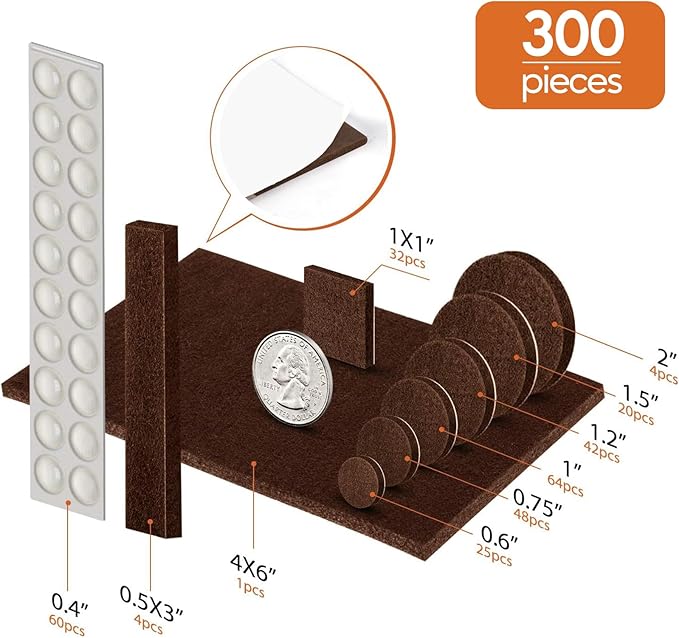 Furniture Pads Felt Pads 300 Pieces Huge Pack Furniture Felt Pads, Self Adhesive Anti Scratch Floor Protectors for Furniture on Hardwood Tile Floor, with 60 Cabinet Door Bumpers, Brown | Furniture Pads - TrueDesk