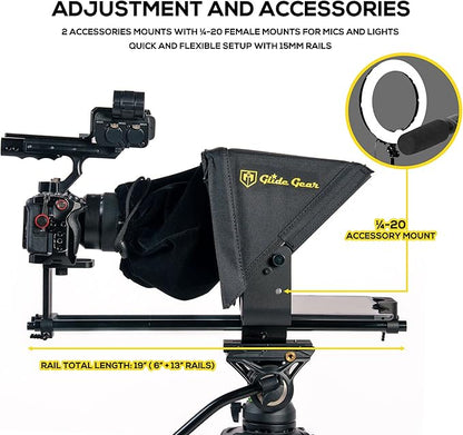 Glide Gear TMP 500 Teleprompter – DSLR, Tablet, Smartphone – 12" Glass, 15mm Rails, Hard Case, No Assembly | Teleprompters - TrueDesk