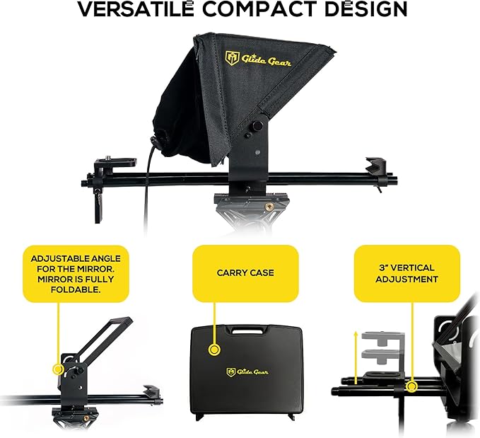 Glide Gear TMP 500 Teleprompter – DSLR, Tablet, Smartphone – 12" Glass, 15mm Rails, Hard Case, No Assembly | Teleprompters - TrueDesk