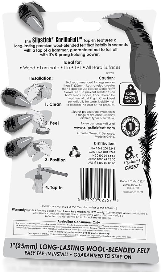 GorillaFelt CB257 Chair Leg Floor Protectors/Felt Glides (Set of 8) Tap On Felt Furniture Pads Guaranteed to Stay On, 1 Inch Round Sliders | Furniture Pads - TrueDesk