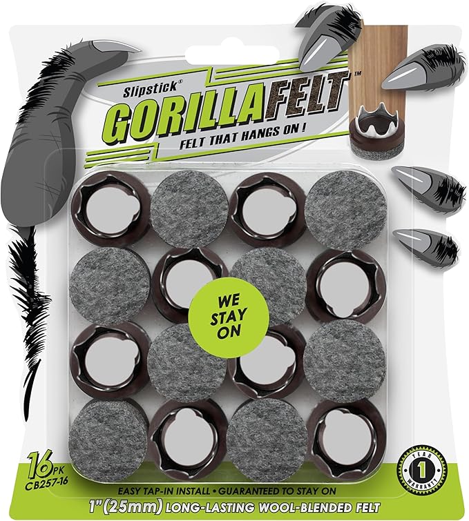 GorillaFelt Chair Leg Floor Protectors/Felt Chair Glides (Set of 16) Tap - On Felt Furniture Pads Guaranteed to Stay On, 1 Inch Round Chair Sliders | Furniture Pads - TrueDesk