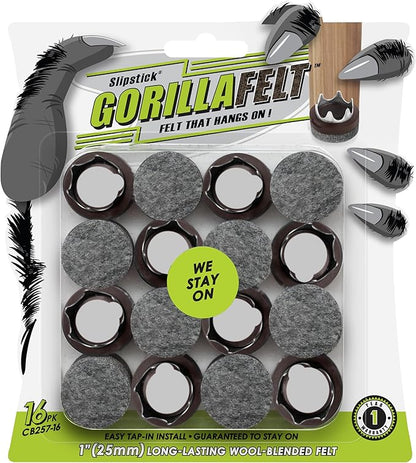 GorillaFelt Chair Leg Floor Protectors/Felt Chair Glides (Set of 16) Tap - On Felt Furniture Pads Guaranteed to Stay On, 1 Inch Round Chair Sliders | Furniture Pads - TrueDesk
