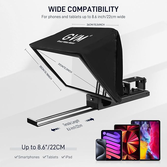 GVM 12" Teleprompter for iPad Tablet Phone DSLR Camera, Collapsible Teleprompter Kit with Installation Free Design, HD Refective Display, APP Remote Control, Carry Case, for Video Recording | Teleprompters - TrueDesk