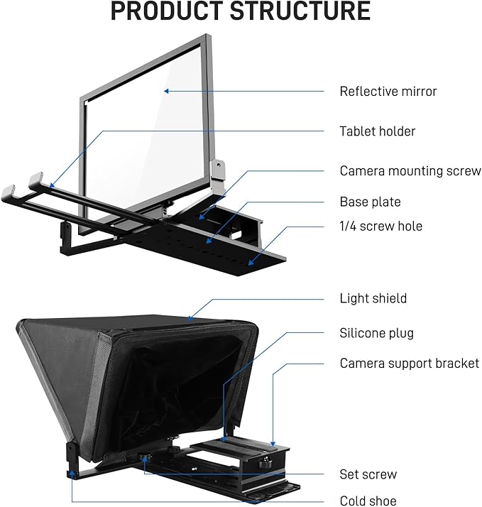 GVM 12" Teleprompter kit with Remote Control & App, Collapsible Teleprompter for iPad Tablet Phone DSLR Camera, Prompter with Carry Case, HD Refective Display, for Video Recording/Vlogger | Teleprompters - TrueDesk