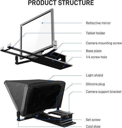 GVM 12" Teleprompter kit with Remote Control & App, Collapsible Teleprompter for iPad Tablet Phone DSLR Camera, Prompter with Carry Case, HD Refective Display, for Video Recording/Vlogger | Teleprompters - TrueDesk