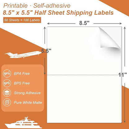Half Sheet 8.5x5.5inch Shipping Mailing Label 100 Counts, 2 Labels Per Sheet 8.5 x 11 for Laser & Inkjet Printer, Permanent Adhesive Label Square Corner (50 Sheets) | Laser Inkjet Printer Labels - TrueDesk