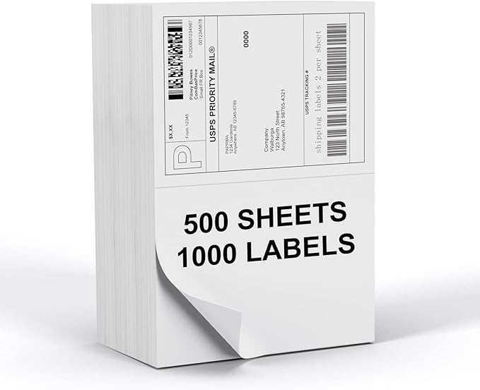 Half Sheet 8.5x5.5inch Shipping Mailing Label 1000 Counts, 2 Labels Per Sheet 8.5 x 11 for Laser & Inkjet Printer, Permanent Adhesive Label Square Corner (500 Sheets) | Laser Inkjet Printer Labels - TrueDesk