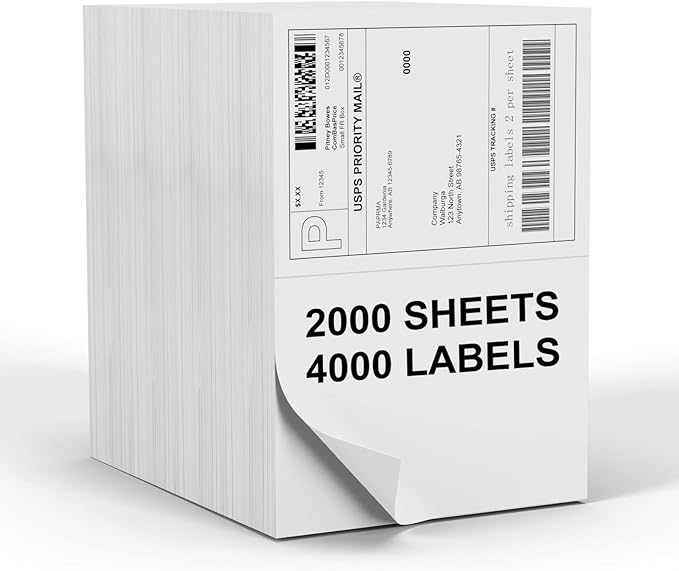Half Sheet 8.5x5.5inch Shipping Mailing Label 4000 Counts, 2 Labels Per Sheet 8.5 x 11 for Laser & Inkjet Printer, Permanent Adhesive Label Square Corner (2000 Sheets) | Laser Inkjet Printer Labels - TrueDesk